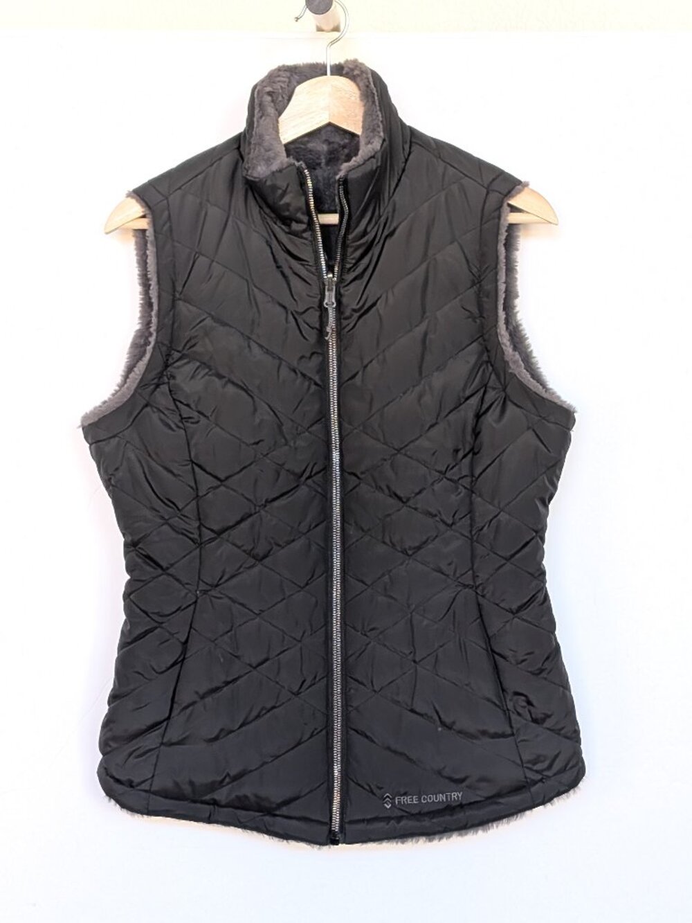 Free Country Woman's S Reversible Quilted Puffer Vest Grey Faux Fur Gorpcore